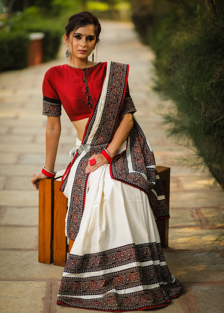 Off white flex cotton saree with Ajrakh combination