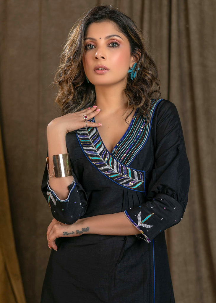 Exclusive Black Cotton Silk Kurta with Classy Hand Embroidery On Neckline and Sleeves and Designer Sleeves - Pant Optional