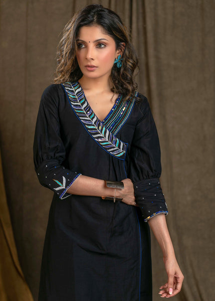 Exclusive Black Cotton Silk Kurta with Classy Hand Embroidery On Neckline and Sleeves and Designer Sleeves - Pant Optional