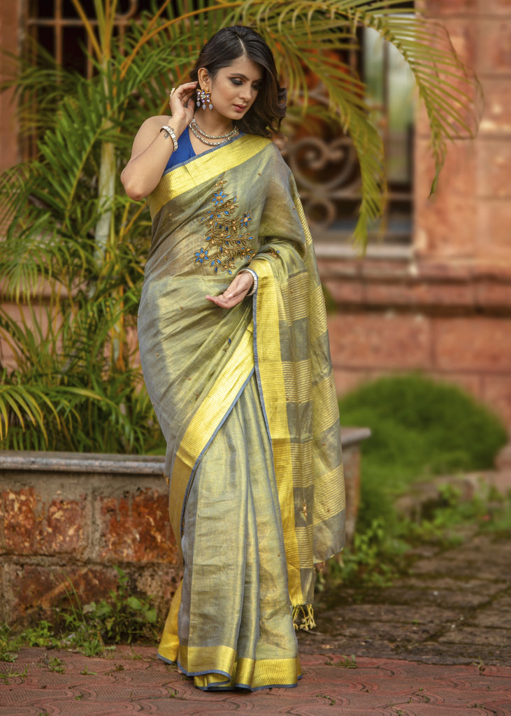 Exclusive yellow pure linen saree with hand embroidery