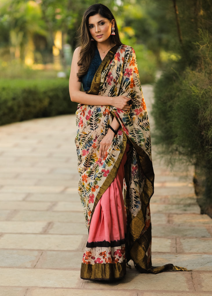 Exclusive pink matka silk hand batik designer saree