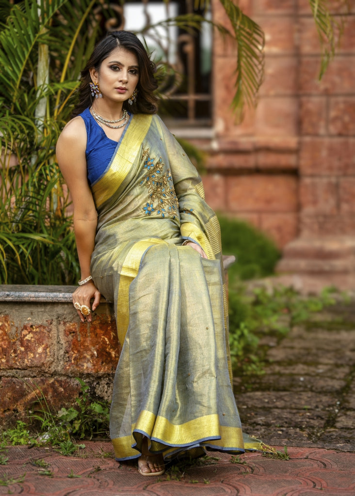 Exclusive yellow pure linen saree with hand embroidery