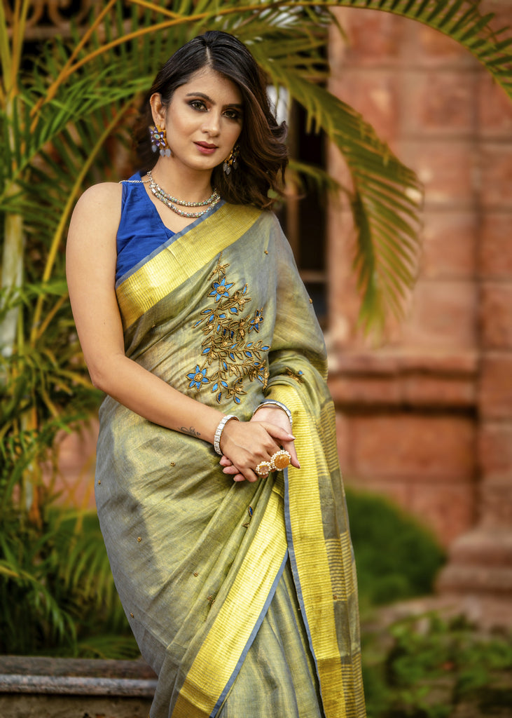 Exclusive yellow pure linen saree with hand embroidery