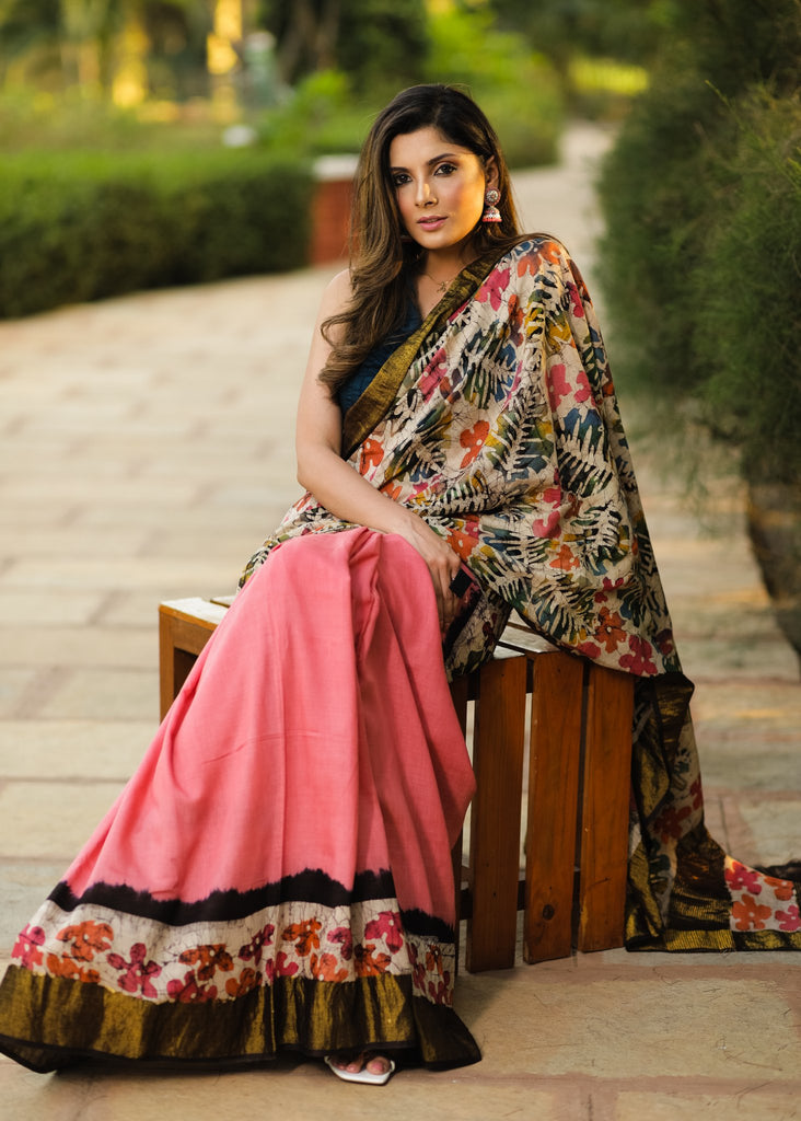 Exclusive pink matka silk hand batik designer saree