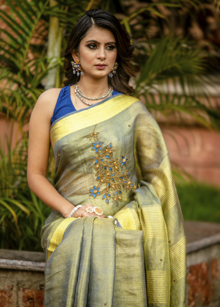 Exclusive yellow pure linen saree with hand embroidery