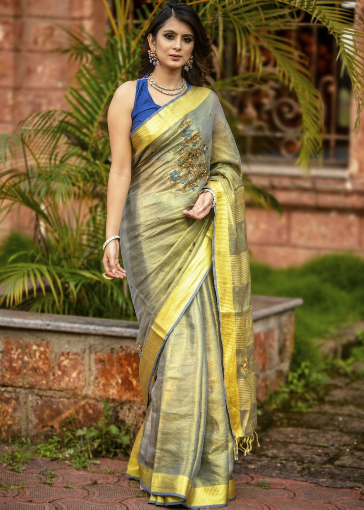 Exclusive yellow pure linen saree with hand embroidery