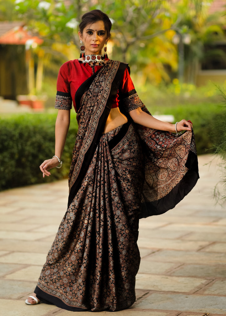 Pure black modal silk Ajrakh block printed designer saree