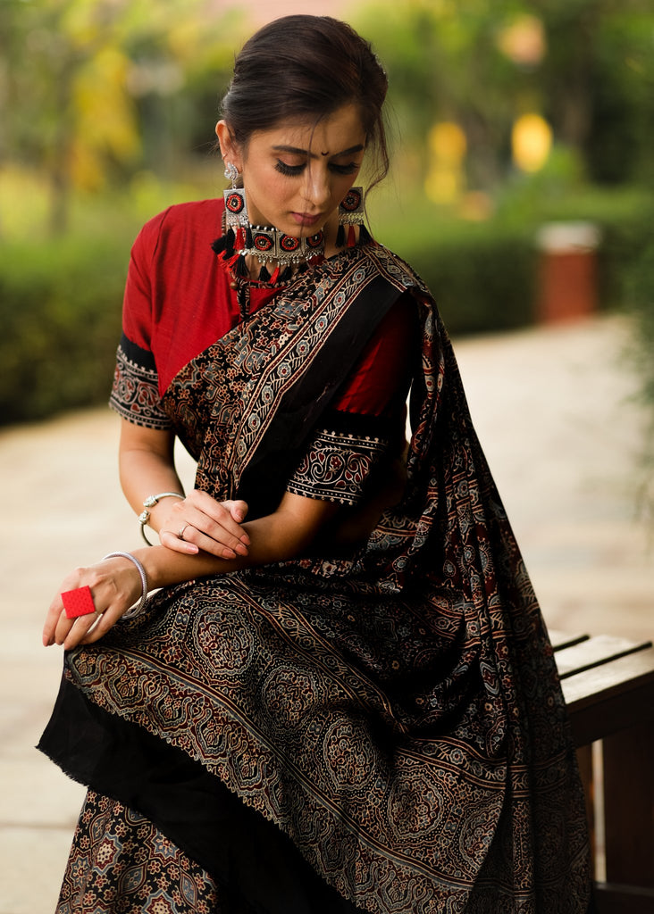 Pure black modal silk Ajrakh block printed designer saree