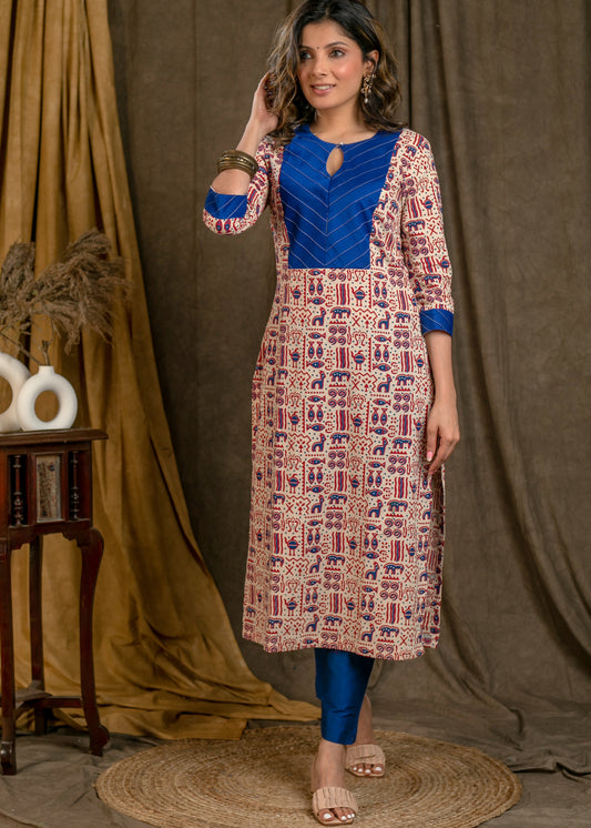 Exclusive Off-White Animal Print Cotton Ajrakh Straight Cut Kurta with Blue Silk Detailing - Pant Optional