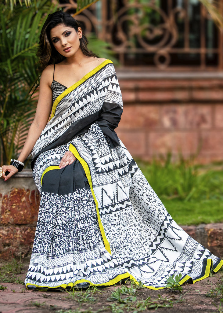 Black and white combination block printed abstract design saree