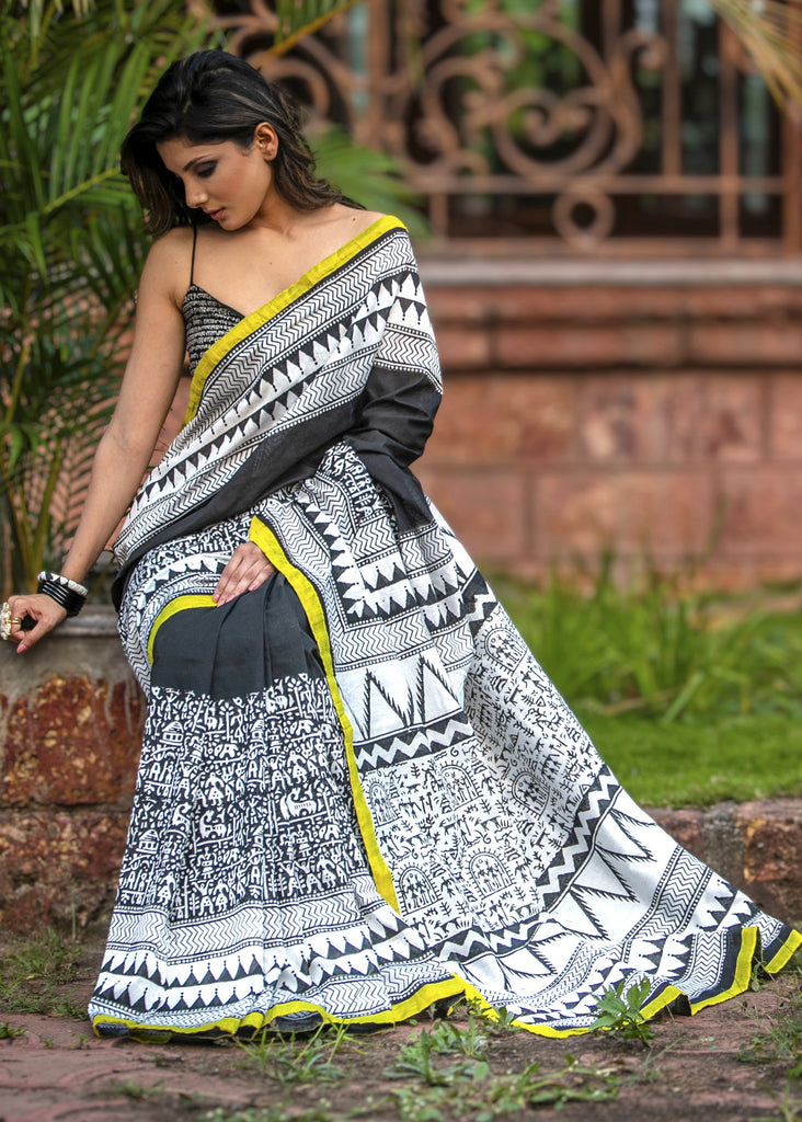 Black and white combination block printed abstract design saree