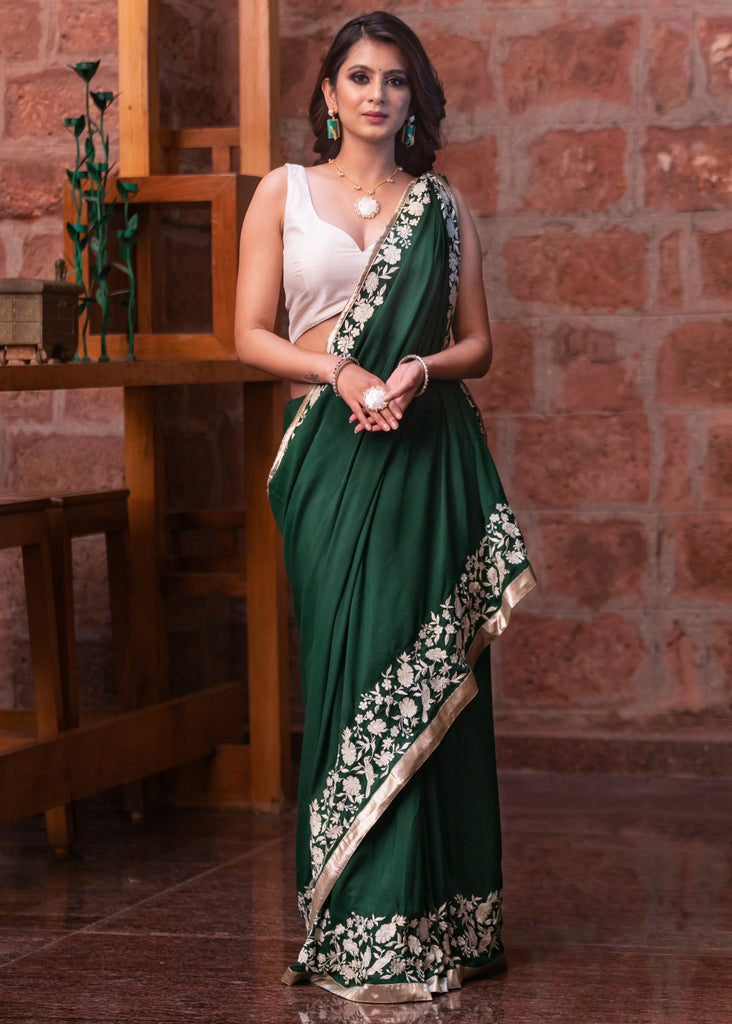 Forest green Muslin saree with parsi embroidered border