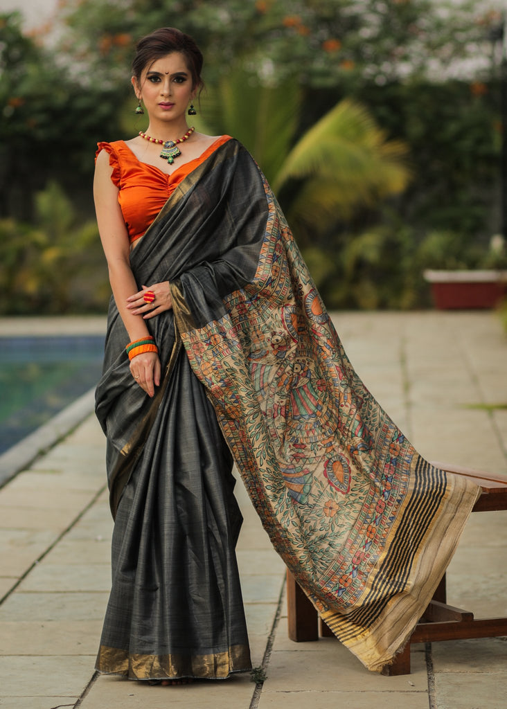 Exclusive black silk saree with hand painted madhubani pallu & zari border