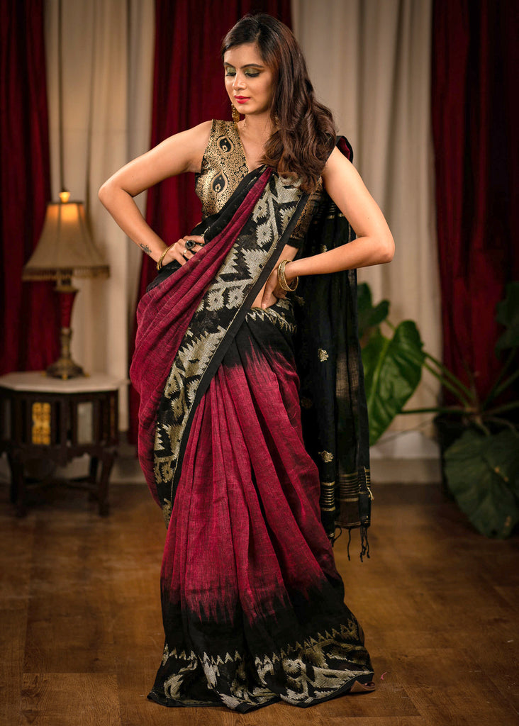 Maroon & black combination organic linen Jamdani saree