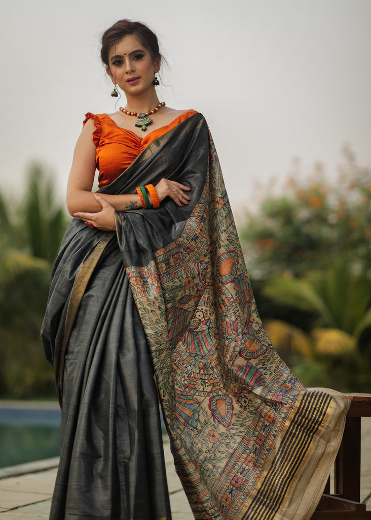 Exclusive black silk saree with hand painted madhubani pallu & zari border