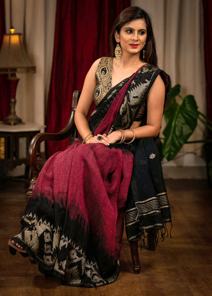 Maroon & black combination organic linen Jamdani saree