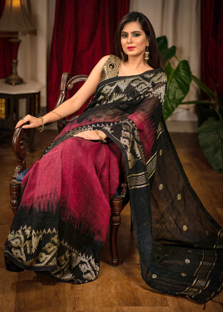 Maroon & black combination organic linen Jamdani saree