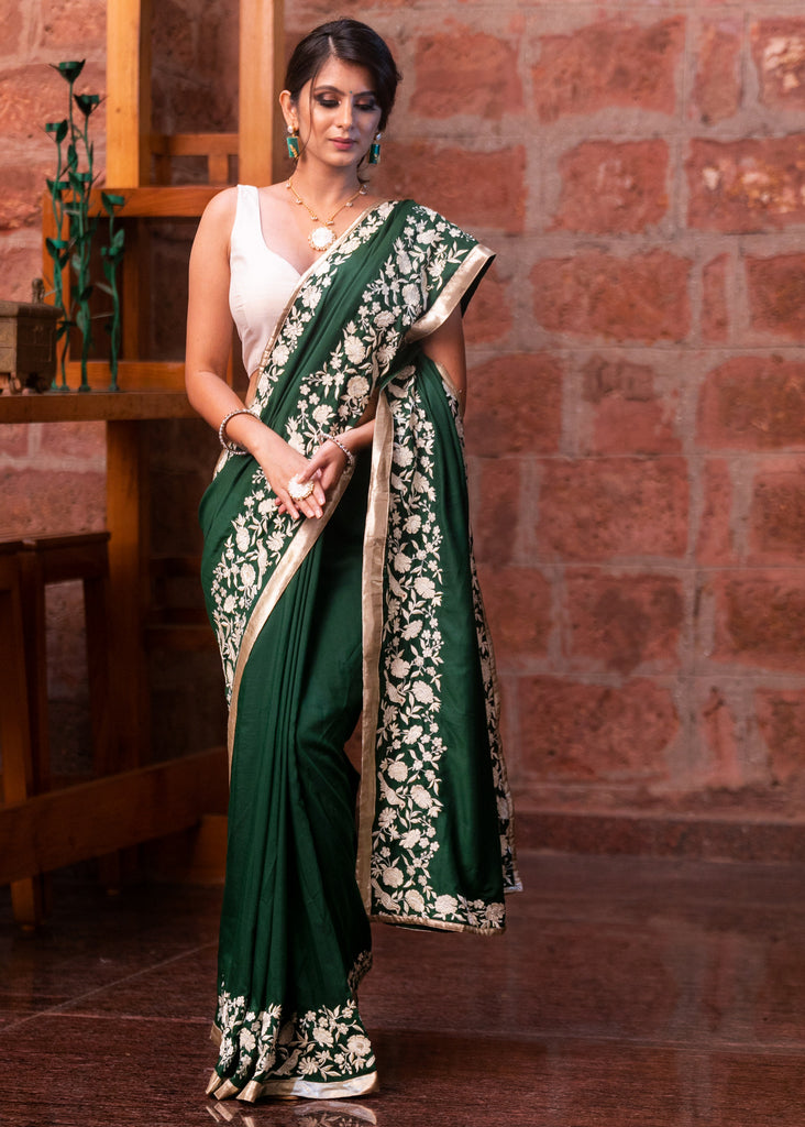 Forest green Muslin saree with parsi embroidered border