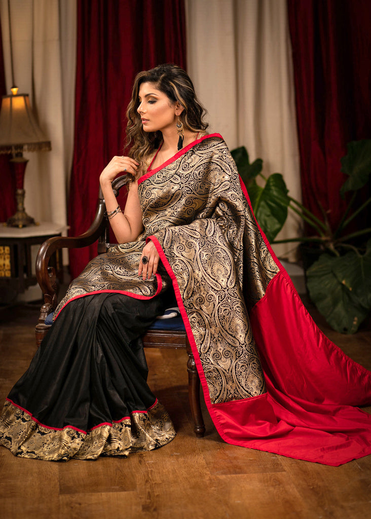 Exclusive black benarasi designer saree with semi silk pleats