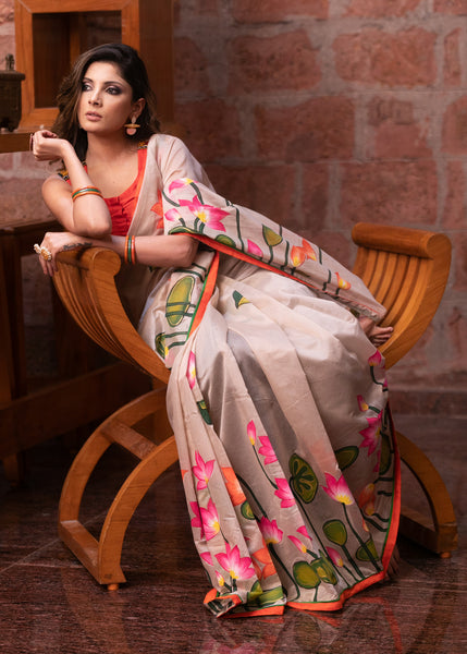Beige Chanderi saree with hand painted floral motifs