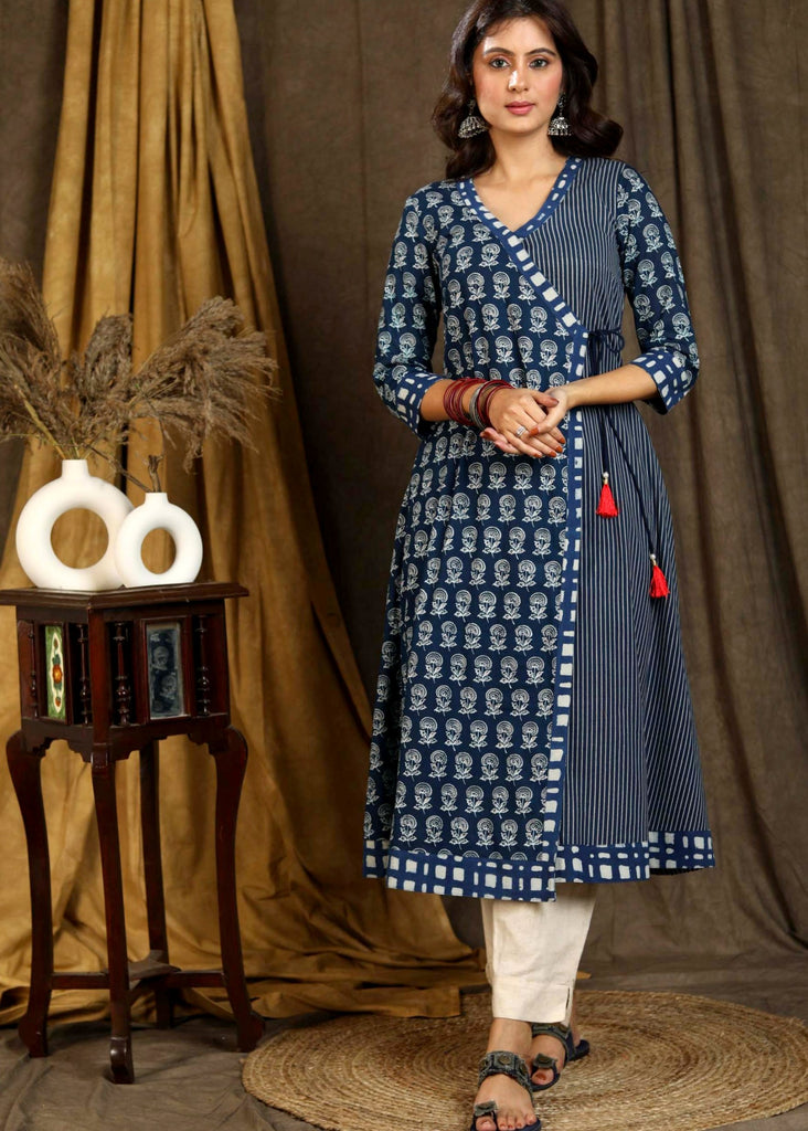 Classy Cotton Indigo Floral & Striped Kurta with Black Tie String - Pant Optional