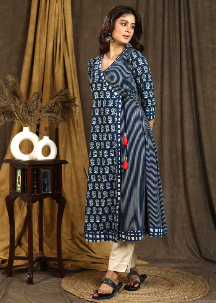 Classy Cotton Indigo Floral & Striped Kurta with Black Tie String - Pant Optional