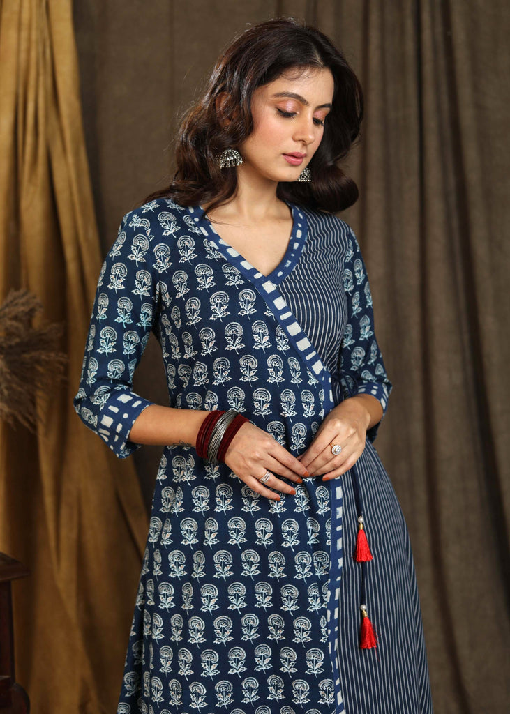 Classy Cotton Indigo Floral & Striped Kurta with Black Tie String - Pant Optional