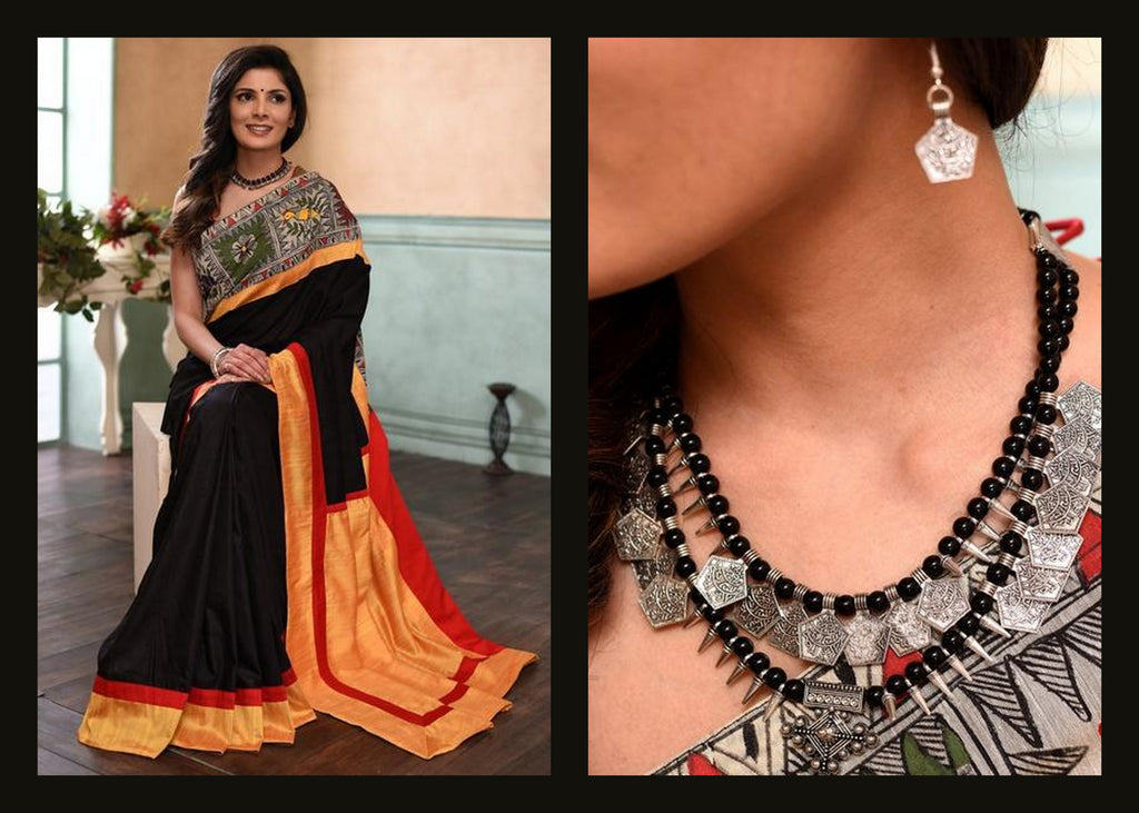 Black semi silk saree with exclusive hand painted madhubani work - Sujatra
