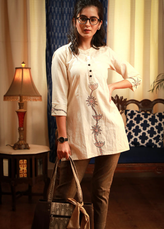 Artisanal gond tribal hand-painted Off-white pure cotton top