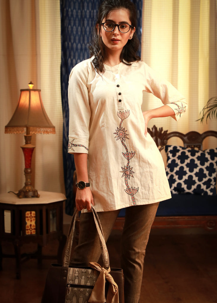 Artisanal gond tribal hand-painted Off-white pure cotton top