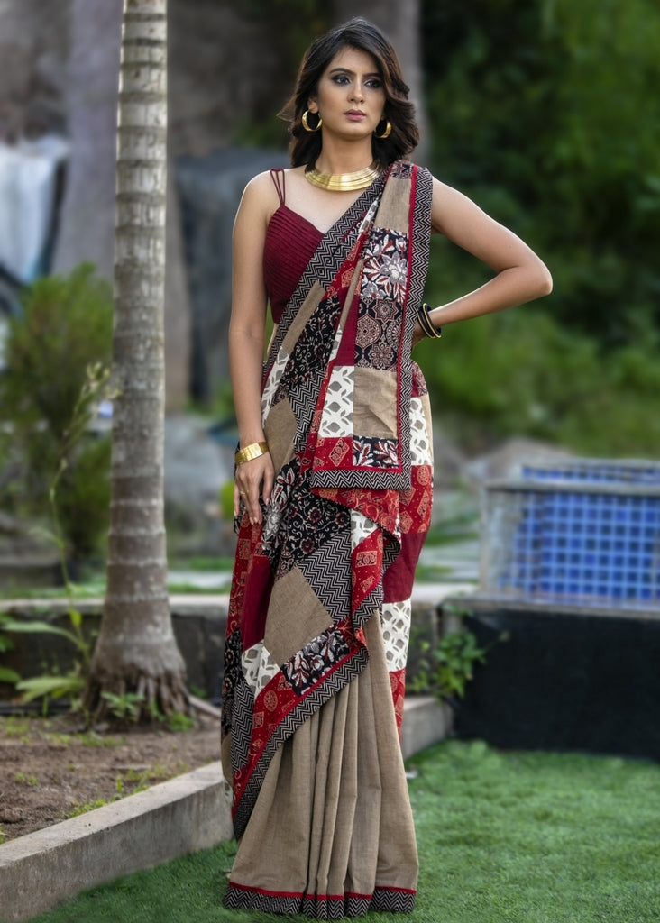 Exclusive ajrakh patch work saree with beige handloom cotton pleats