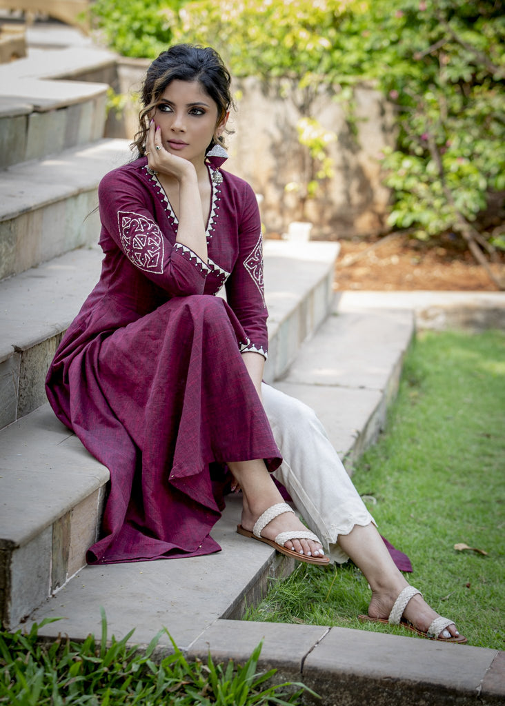 Exclusive maroon handloom cotton anarkali kurta with elegant & intricate hand embroidered motifs