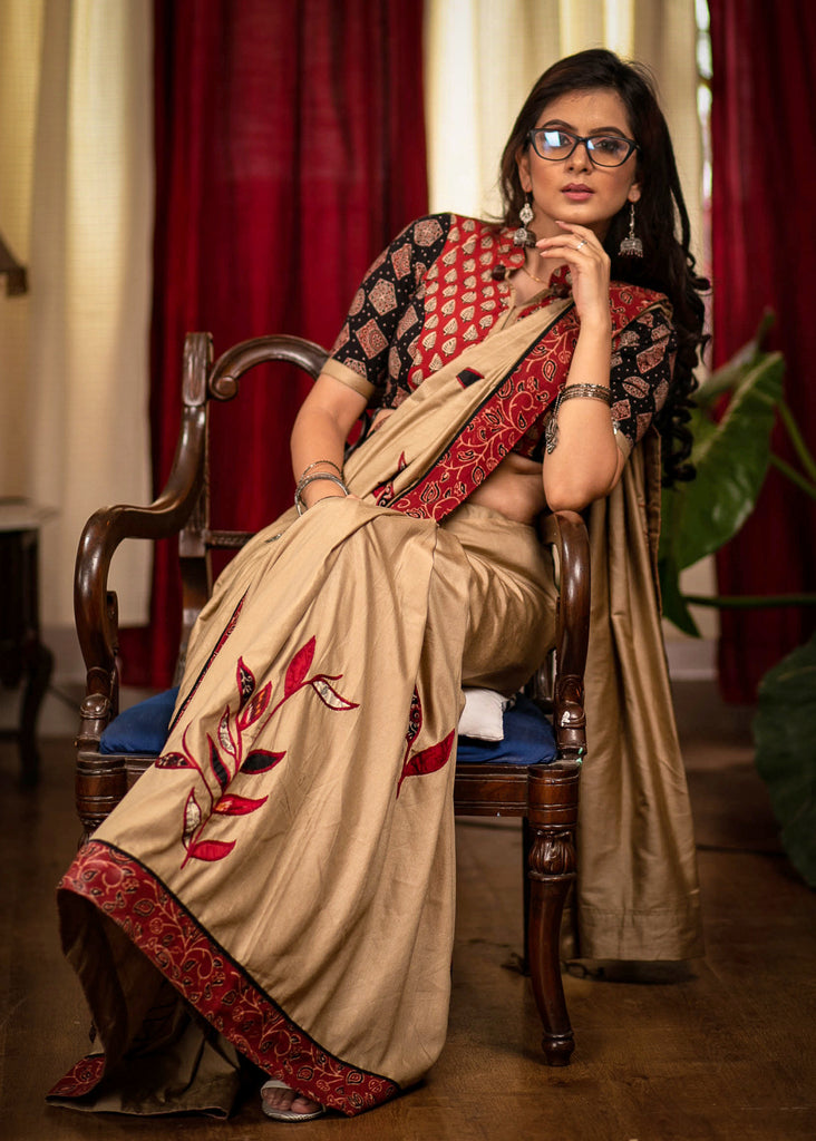 Beige semi silk saree with exclusive hand applic work