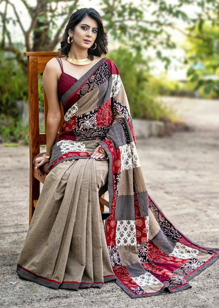 Exclusive ajrakh patch work saree with beige handloom cotton pleats