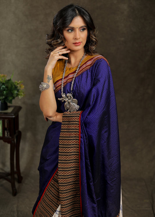 Unique white Ikaat and blue Khun combination cotton saree