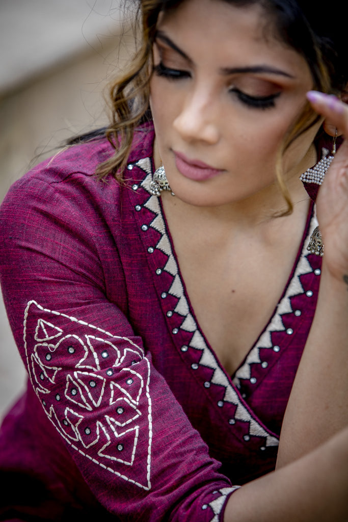 Exclusive maroon handloom cotton anarkali kurta with elegant & intricate hand embroidered motifs