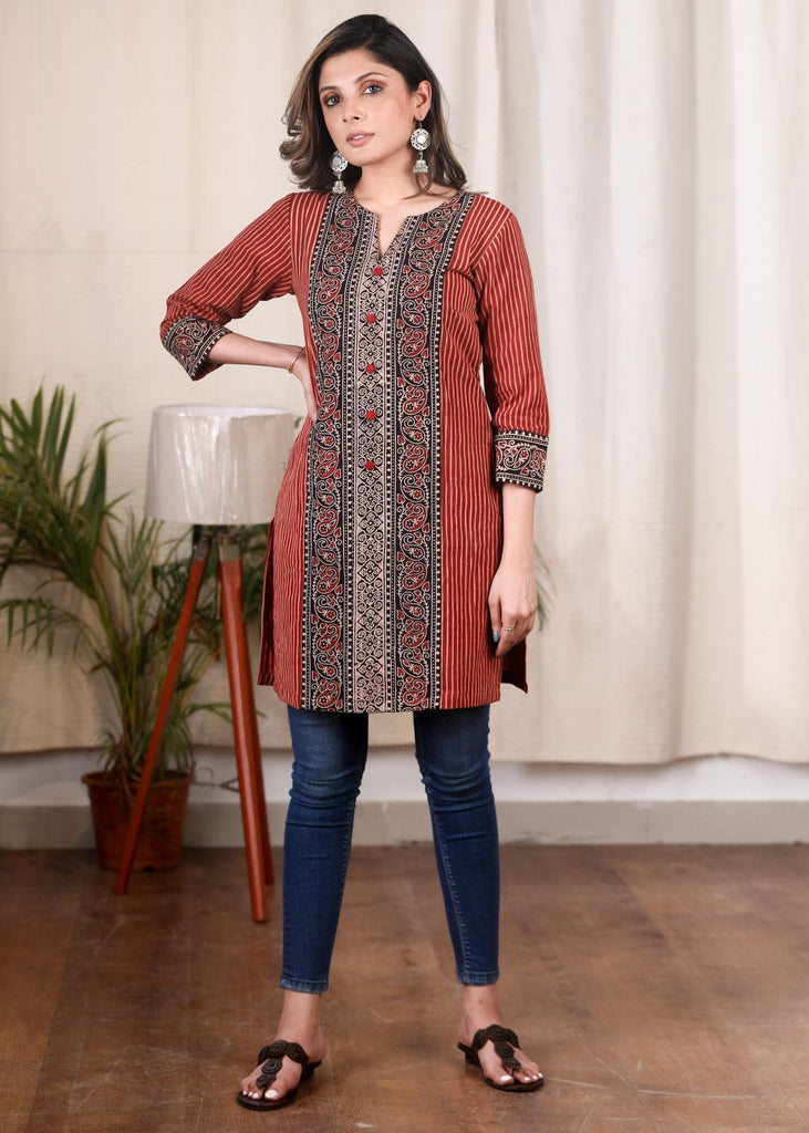Exclusive striped Ajrakh combination cotton tunic