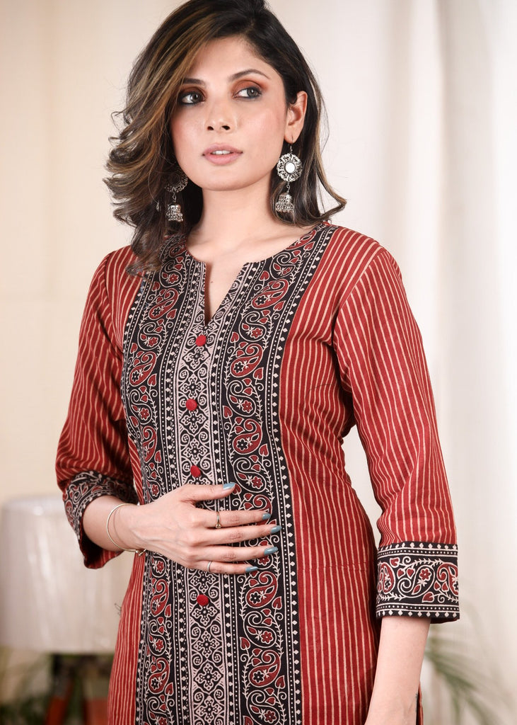 Exclusive striped Ajrakh combination cotton tunic