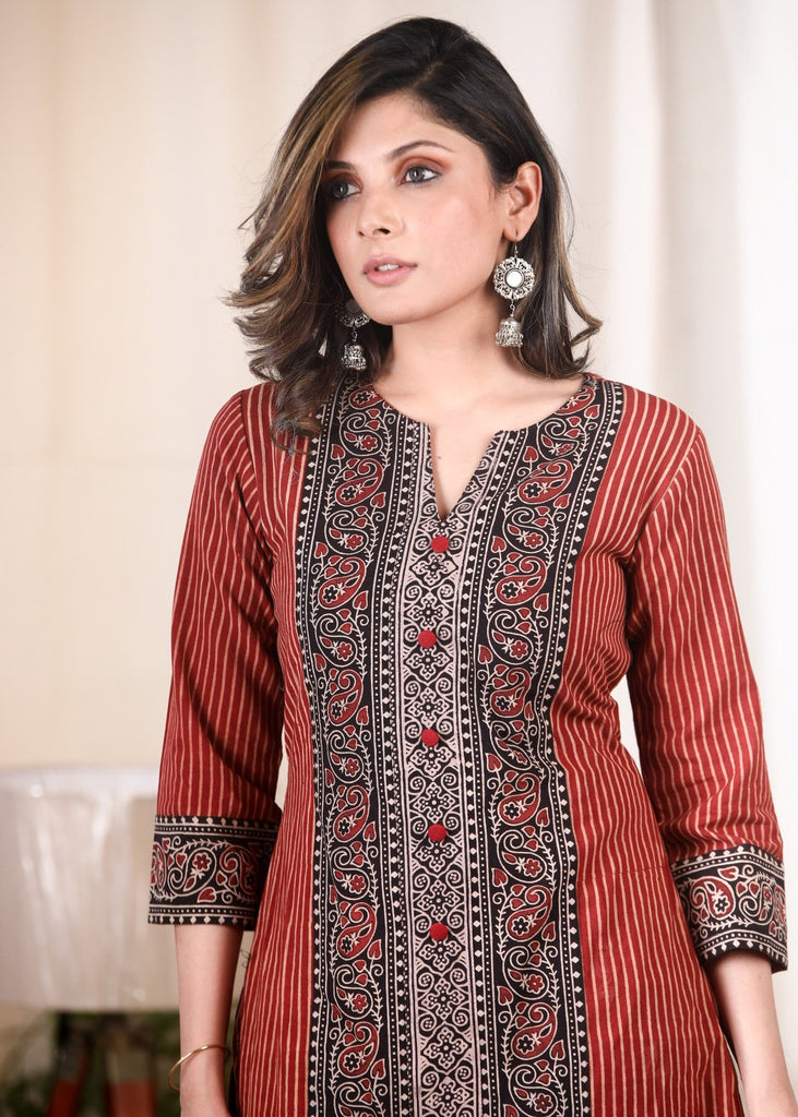 Exclusive striped Ajrakh combination cotton tunic