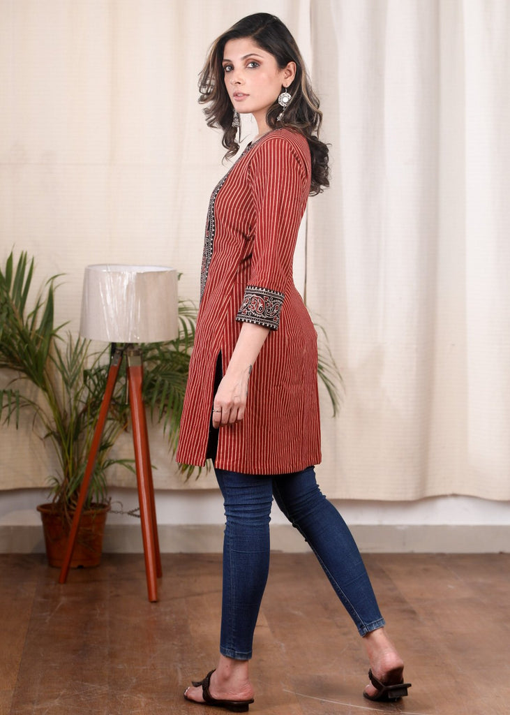 Exclusive striped Ajrakh combination cotton tunic