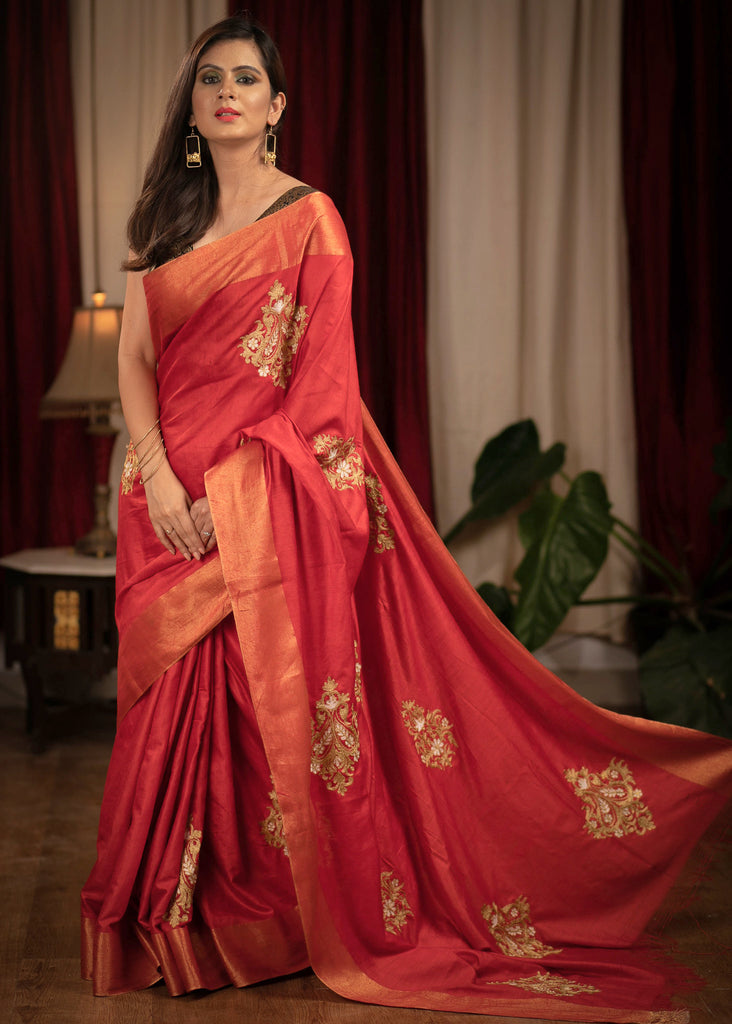 Red cotton silk saree with heavy embroidered motifs