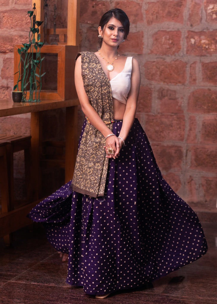 Exclusive purple Bandhej & Ajrakh combination cotton saree