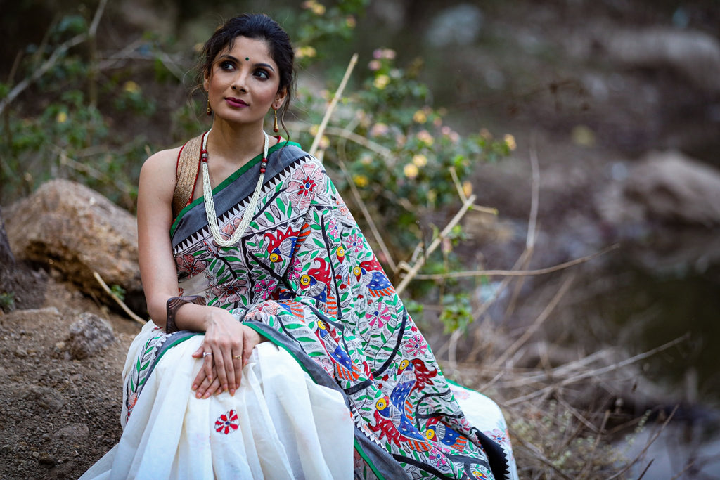 Exclusive hand painted madhubani cotton saree with all over painting