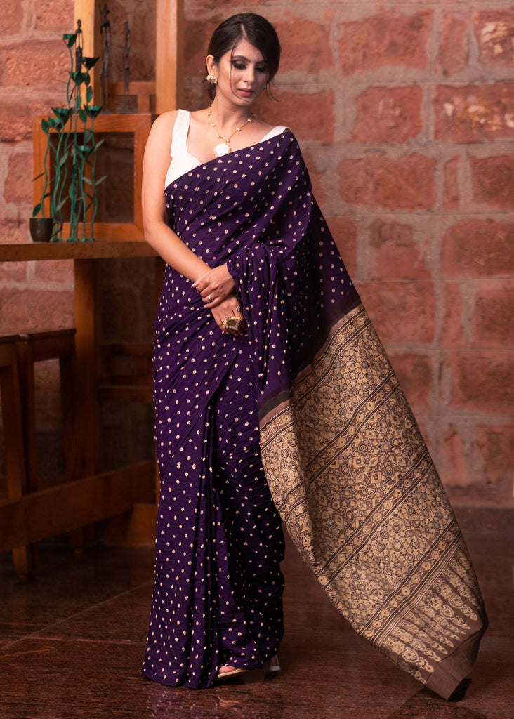 Exclusive purple Bandhej & Ajrakh combination cotton saree