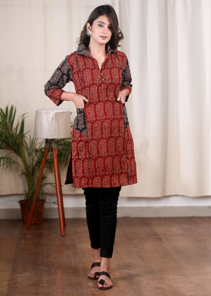 Maroon & black paisley combination Ajrakh cotton tunic