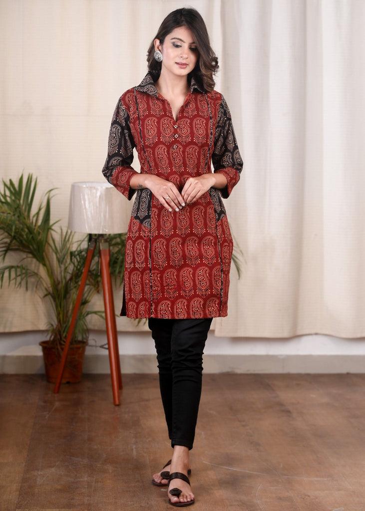 Maroon & black paisley combination Ajrakh cotton tunic