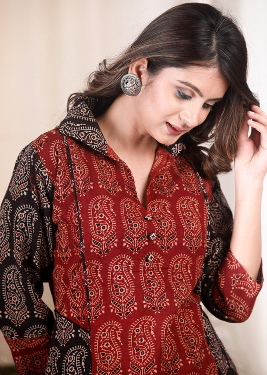 Maroon & black paisley combination Ajrakh cotton tunic