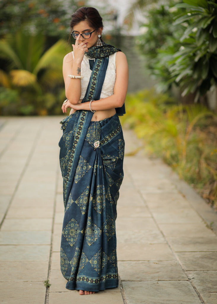 Pure modal silk ajrakh block printed blue saree with square patches