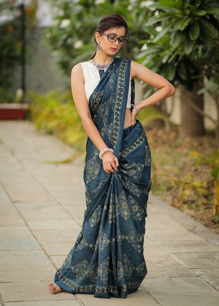 Pure modal silk ajrakh block printed blue saree with square patches