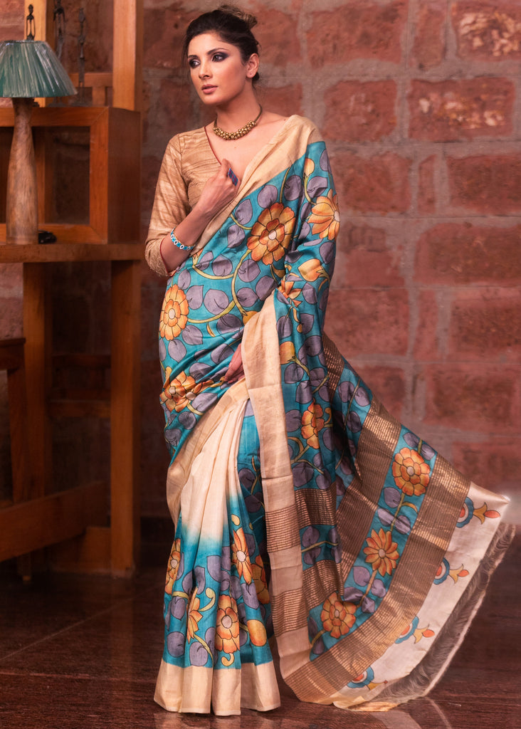 Pure tassar silk kalamkari design beige and blue combination saree